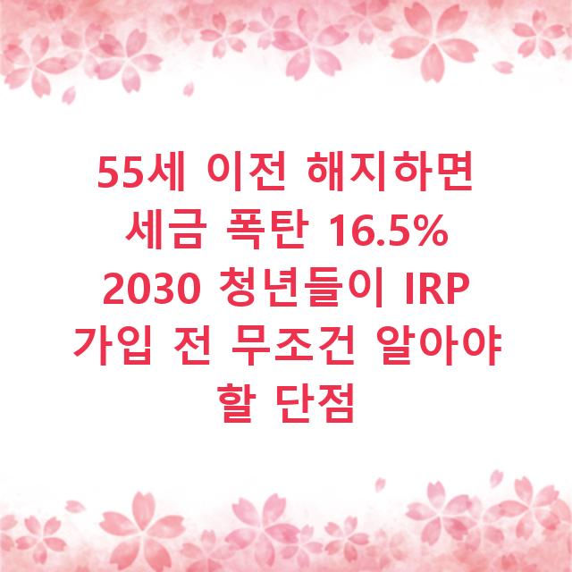 55세 이전 해지하면 세금 폭탄 16.5% 2030 청년들이 IRP 가입 전 무조건 알아야 할 단점